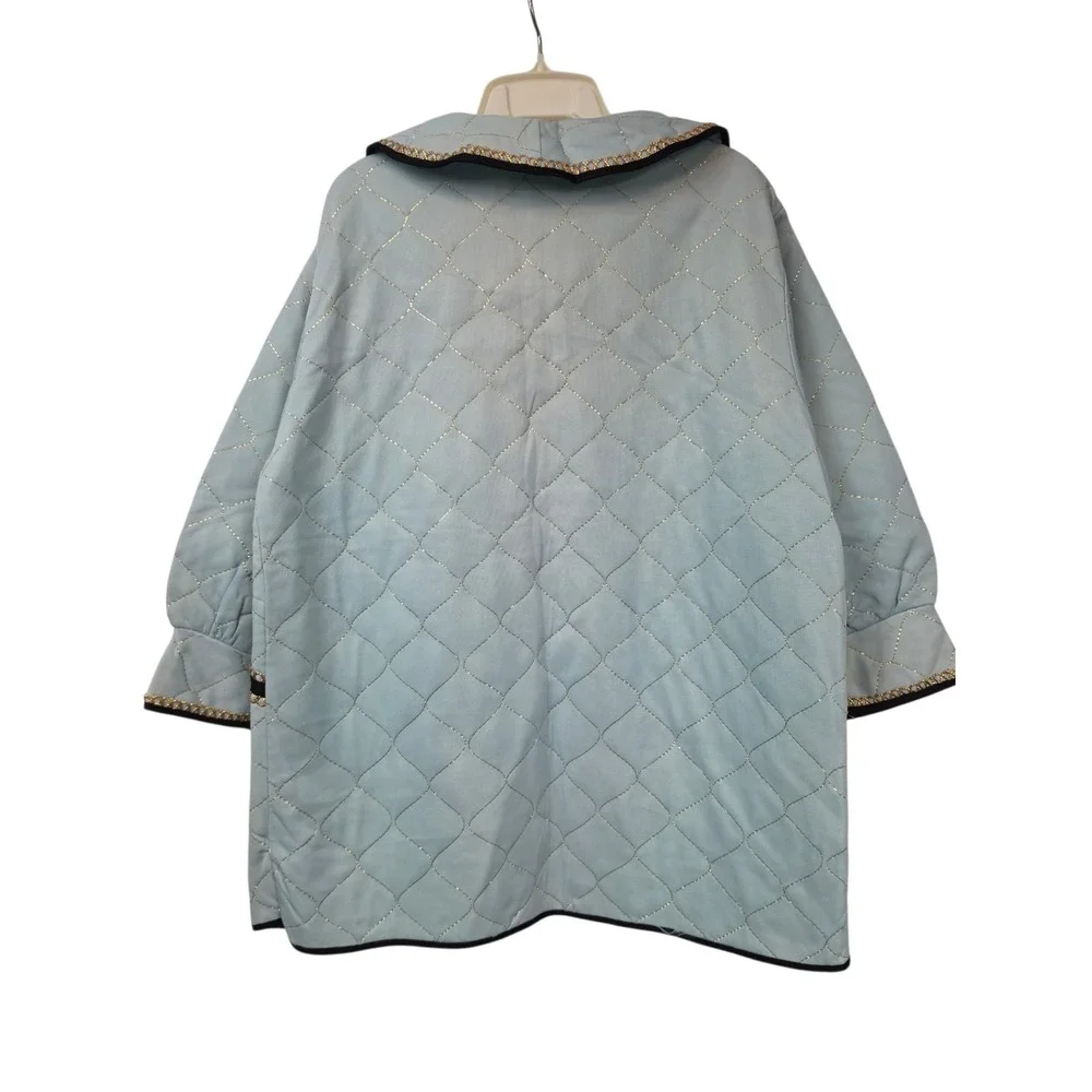 Vintage Light Blue Quilted Coat Kids Gold Trim Ribbon Bow Peter Pan Collar